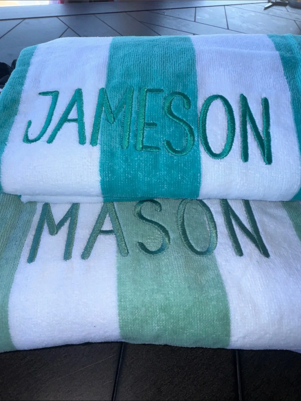 Embroidered Beach Towel - Custom Name, Navy Pink Teal Green Orange Stripes